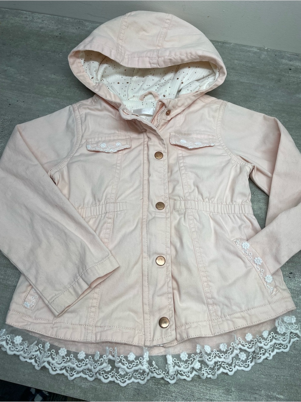 Cat &‎ Jack Utility Jacket Girls 6 Pink Excellent Lace Trim Metallic Lining